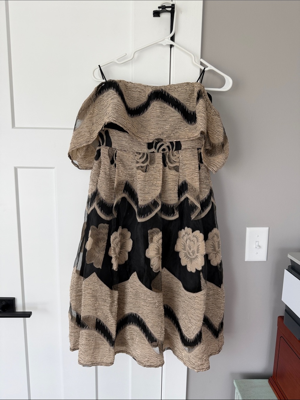 AKIRA Black and Tan Floral Off-Shoulder Dress
